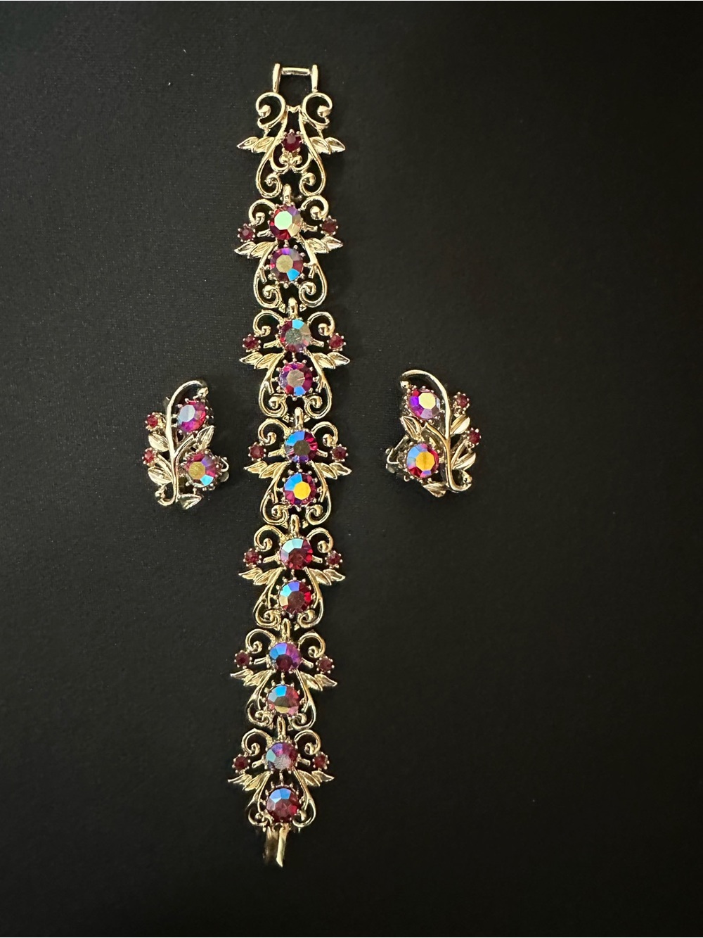 Vintage Gold Coro Red Aura Borealis Bracelet And Clip On Earring Set.